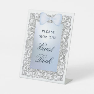 Silver Glitter Lijst Blue Bow gastenboek Reclamebord Met Voetstuk