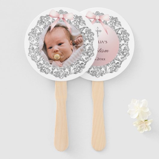 Silver Glitter Lijst Pink Bow doop Handwaaier (Voorkant en achterkant)