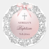 Silver Glitter Lijst Pink Bow doop Ronde Sticker (Voorkant)