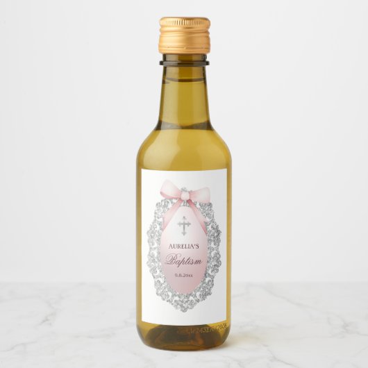 Silver Glitter Lijst Pink Bow doop Wijn Etiket (Voorkant)
