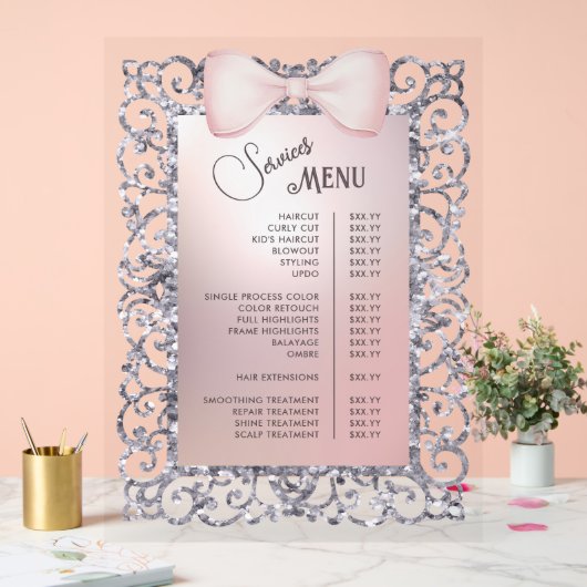 Silver Glitter Lijst Pink Bow Services Menu Acryl Bord (Huwelijk)