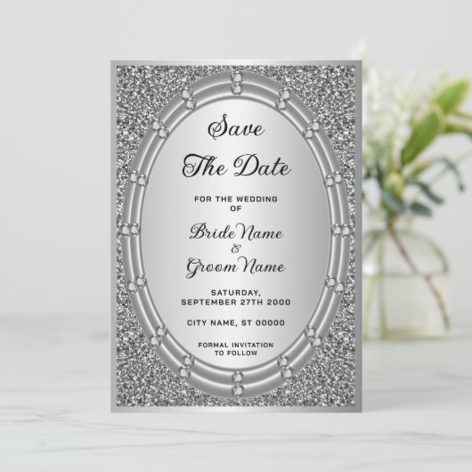 Silver Glitter Lijst Sla de datum op Save The Date (Staand voorkant)
