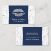 Silver Glitter Lips Navy Blue Elegant Marble Visitekaartje (Voorkant / Achterkant)