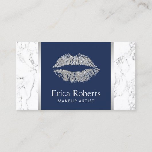 Silver Glitter Lips Navy Blue Elegant Marble Visitekaartje (Voorkant)