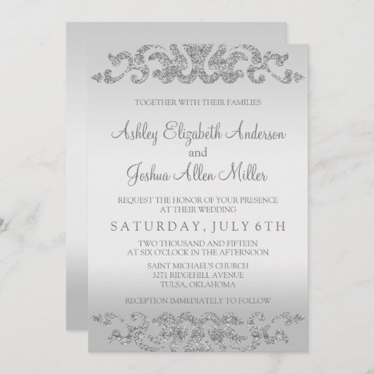 Silver Glitter Look Bruiloft uitnodigingen (Voorkant / Achterkant)