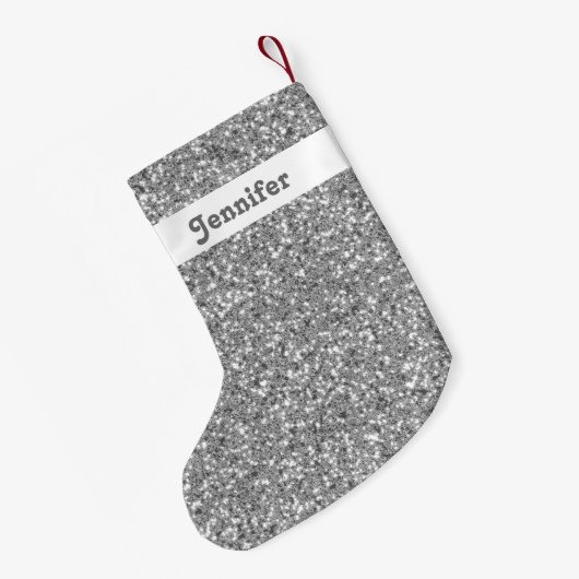 Silver Glitter-look-like with Custom Name Kleine Kerstsok (Achterkant (Hangend))