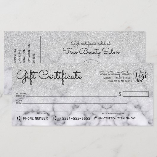 Silver Glitter Marble Check Cadeaubon (Voorkant / Achterkant)