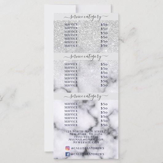 Silver Glitter Marble Ombre Salon Prijslijst (Achterkant)