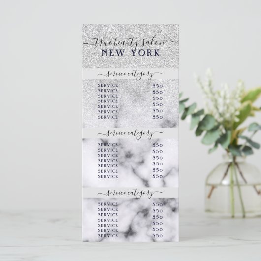 Silver Glitter Marble Ombre Salon Prijslijst (Staand voorkant)