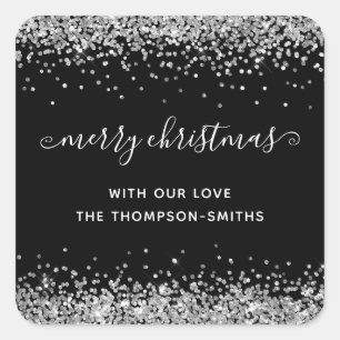 Silver Glitter Merry Kerstmis Names Black Vierkante Sticker
