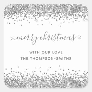 Silver Glitter Merry Kerstmis Names White Vierkante Sticker