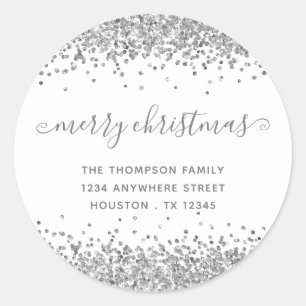 Silver Glitter Merry-kerstnaam Retouradres Ronde Sticker
