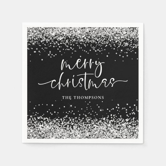 Silver Glitter Merry Kerstparty Black Servet (Voorkant)