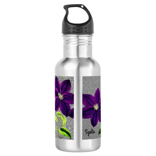 Silver Glitter met Waterverf Paarse Clematis Waterfles (Achterkant)