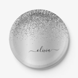 Silver Glitter Metal Monogram Glam Name Papieren Bordje
