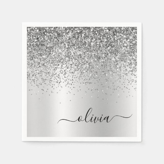 Silver Glitter Metal Monogram Glam Name Servet (Voorkant)