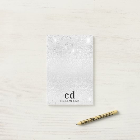 Silver glitter metal monogram initiaal naam post-it® notes (Op bureau)