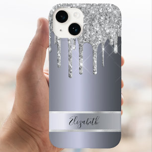 Silver glitter metallic monogram elegant modern Case-Mate iPhone 14 hoesje