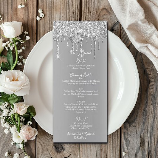 Silver Glitter Metallic Shine 4x9" Wedding Menu