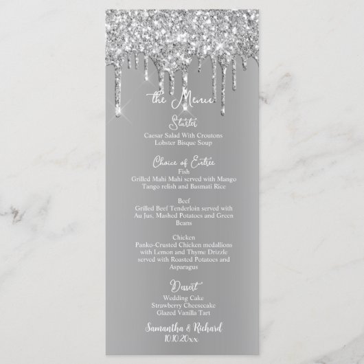 Silver Glitter Metallic Shine 4x9" Wedding Menu (Voorkant)