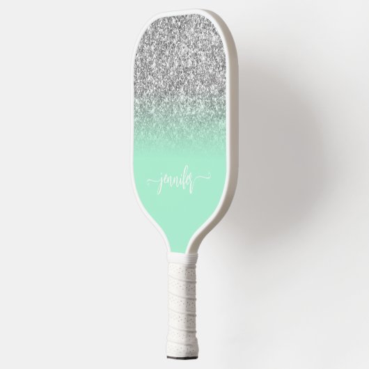 Silver Glitter Mint Green Ombre Modern Script Pickleball Paddle (Links)