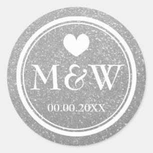 Silver glitter monogram bruiloft stickers