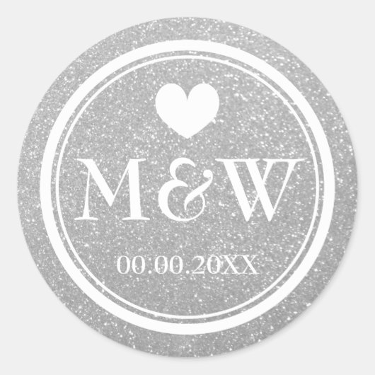 Silver glitter monogram bruiloft stickers (Voorkant)