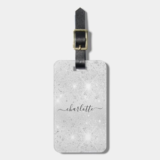 Silver glitter-monogram, naam script bagagelabel (Voorkant verticaal)