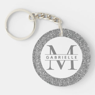 Silver Glitter Monogram Naam Sleutelhanger