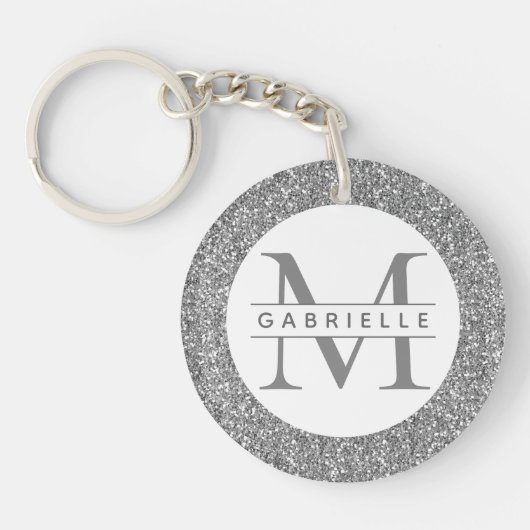 Silver Glitter Monogram Naam Sleutelhanger (Voorkant)
