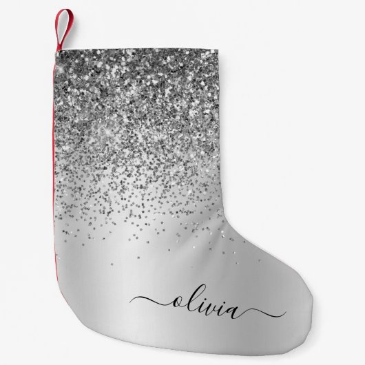 Silver Glitter Monogram Name Luxury Girly Kleine Kerstsok (Voorkant)