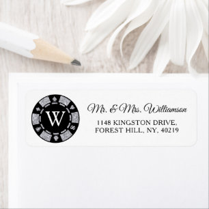 Silver Glitter Monogram Poker Chip Casino Wedding Etiket