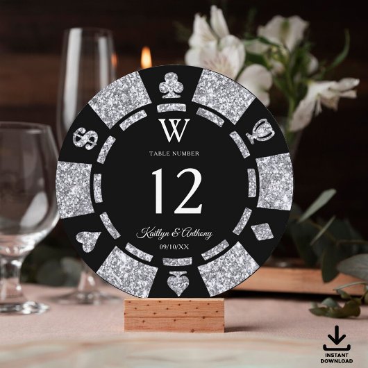 Silver Glitter Monogram Poker Chip Casino Wedding Kaart