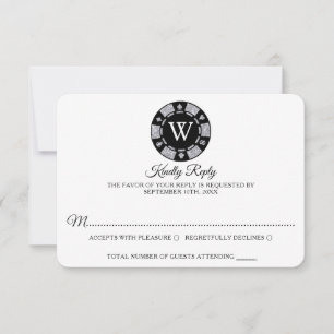 Silver Glitter Monogram Poker Chip Casino Wedding RSVP Kaartje
