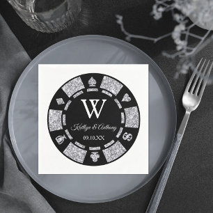 Silver Glitter Monogram Poker Chip Casino Wedding Servet