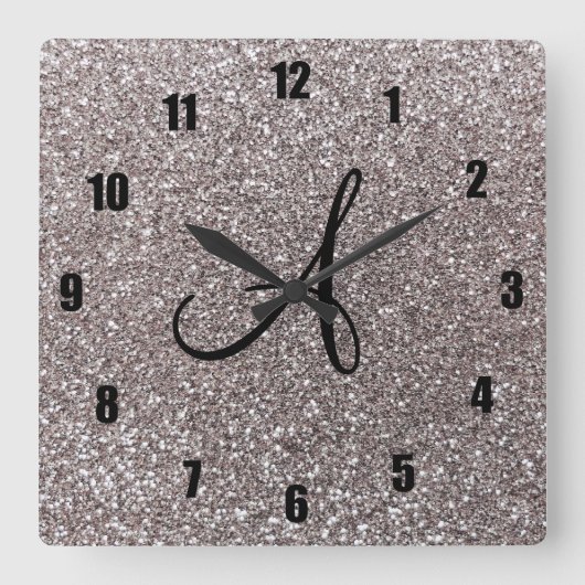 Silver glitter-monogram vierkante klok (Voorkant)