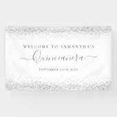 Silver Glitter Naam Datum Welkom bij Quinceañera Spandoek (Horizontaal)