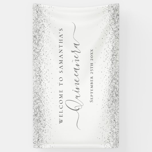 Silver Glitter Naam Datum Welkom bij Quinceañera Spandoek (Verticaal)