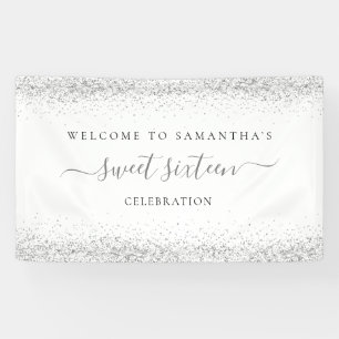 Silver Glitter Naam Datum Welkom bij Sweet Sixteen Spandoek