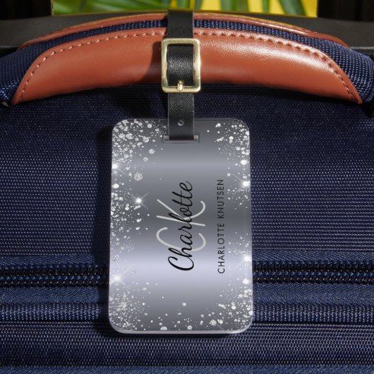 Silver glitter-naam monogram initiaal bagagelabel (Voorkant Insitu 2)