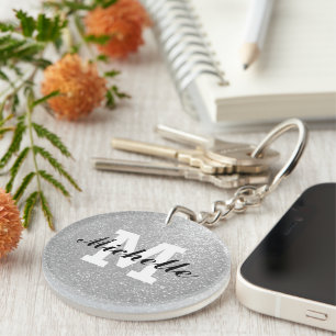 Silver glitter naam monogram sleutelhanger cadeau