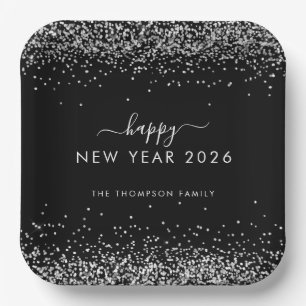 Silver Glitter Naam Zwart Gelukkig Nieuwjaar 2026 Papieren Bordje