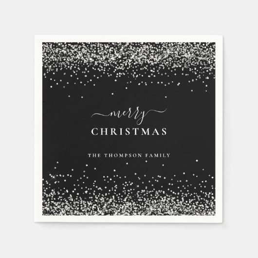 Silver Glitter Name Black Merry kerst Servet (Voorkant)