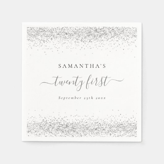 Silver Glitter Name Date 21th First Party Servet (Voorkant)