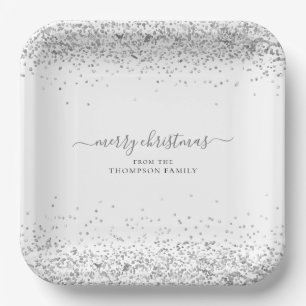 Silver Glitter Name Merry KerstWhite Papieren Bordje