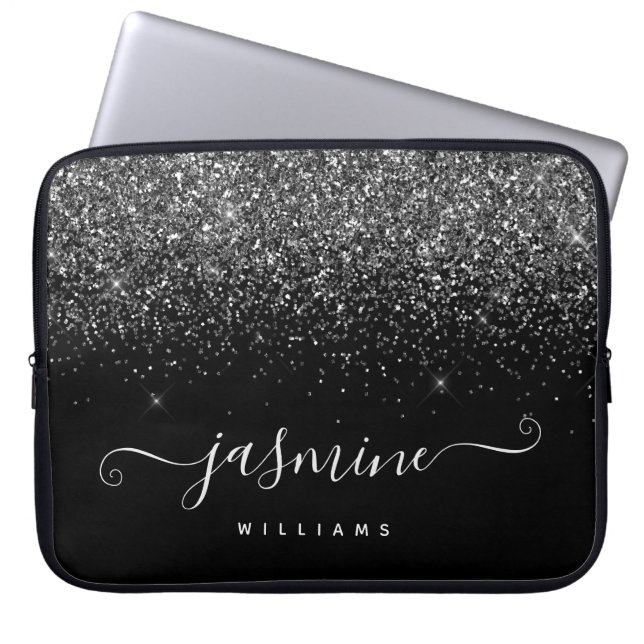 Silver glitter name monogram on black background laptop sleeve (Voorkant)