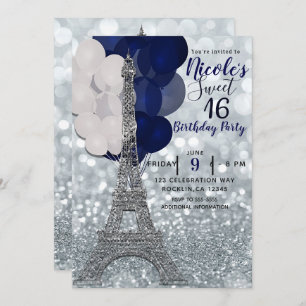 Silver Glitter Navy Balloons Paris Eiffel Tower Kaart