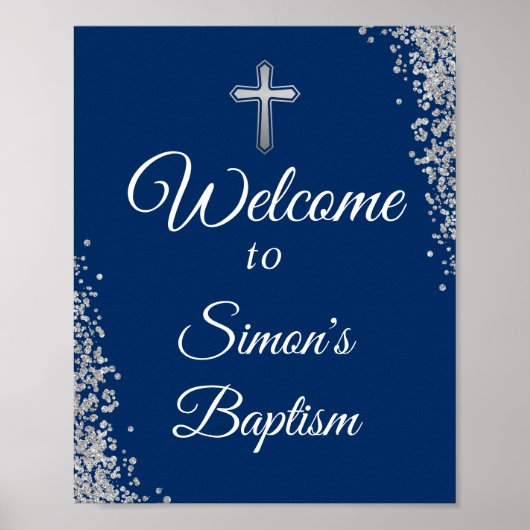 Silver Glitter Navy Blue Baptism Welkom Poster (Voorkant)