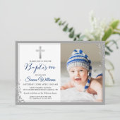 Silver Glitter Navy Blue Boy Baptism Foto Kaart (Staand voorkant)