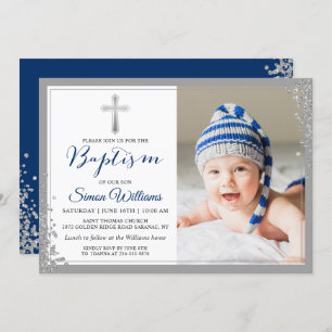 Silver Glitter Navy Blue Boy Baptism Foto Kaart